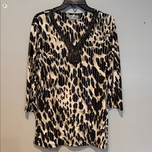 JM Collection Black and Cream Beaded V-Neck Blouse